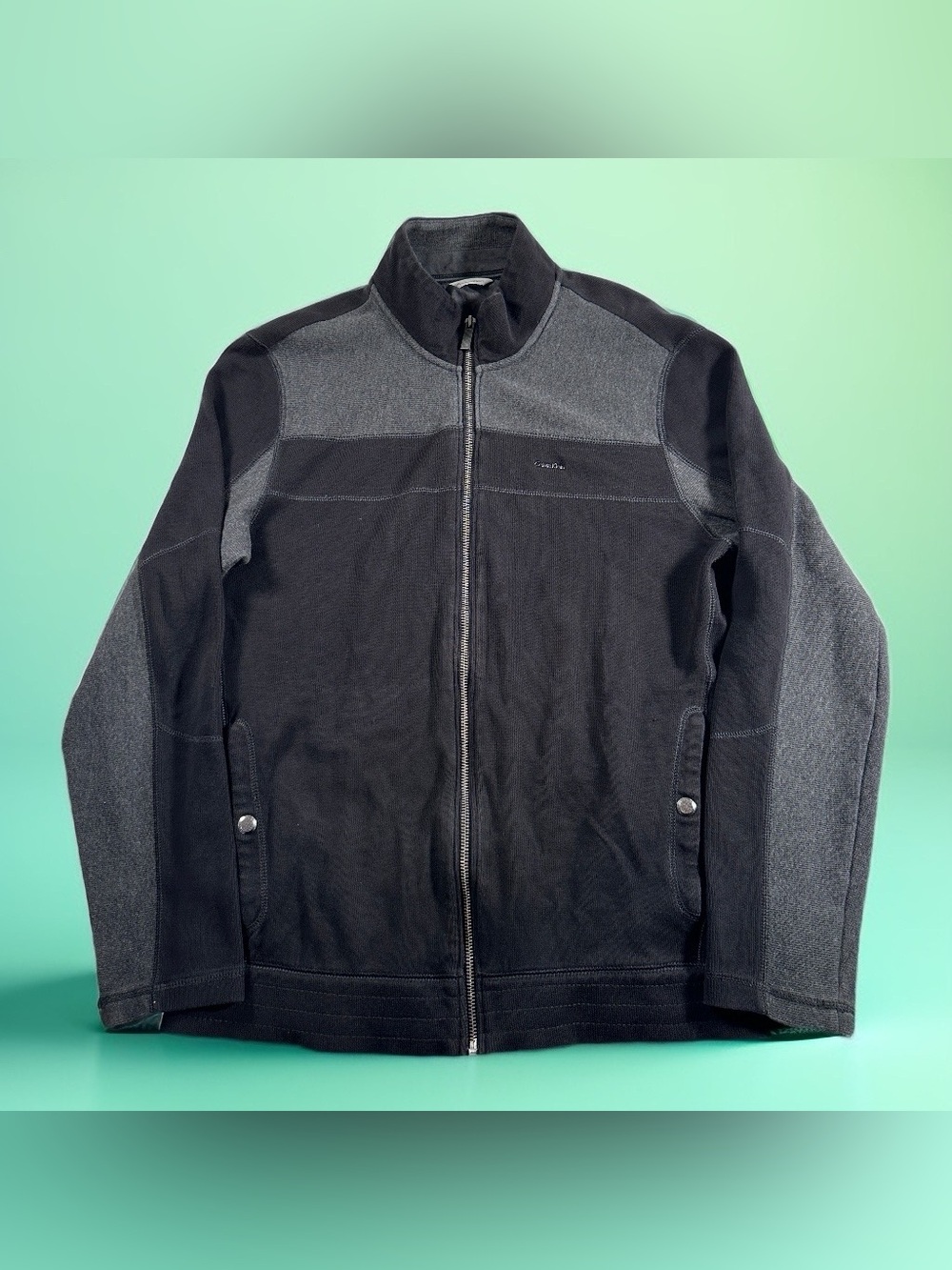 Vintage Calvin Klein Men Full Zip Colorblock Sweater Jacket Cotton Charcoal Gray
